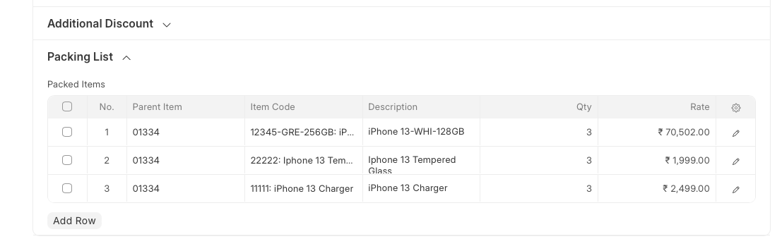 装箱清单中的子商品