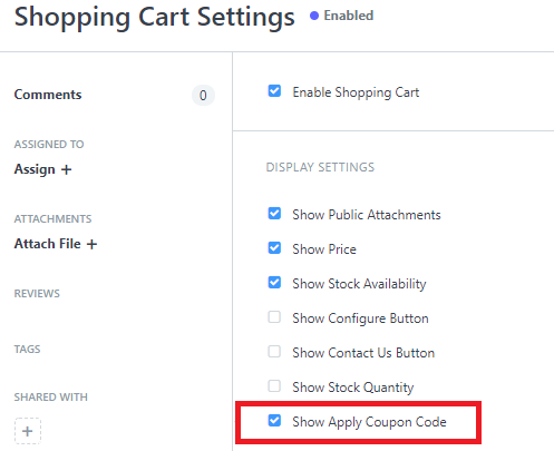 Shopping Cart Settings to enable Coupon Code