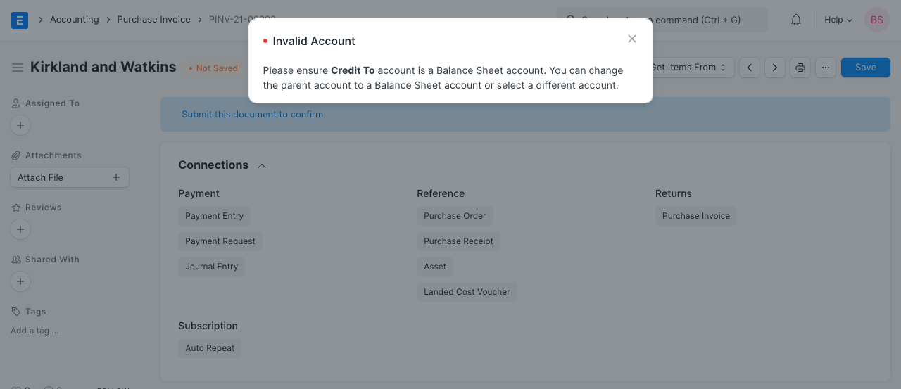 Credit To Account in Purchase Invoice