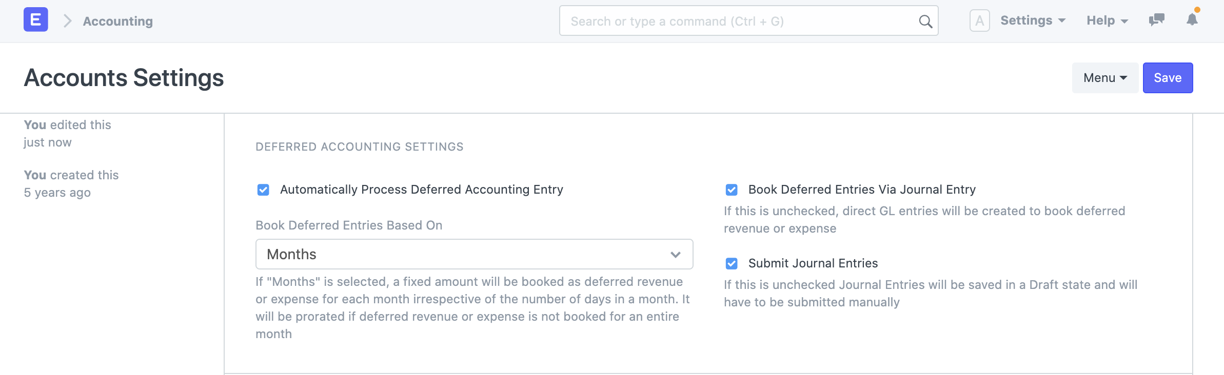 Deferred Accounting Settings