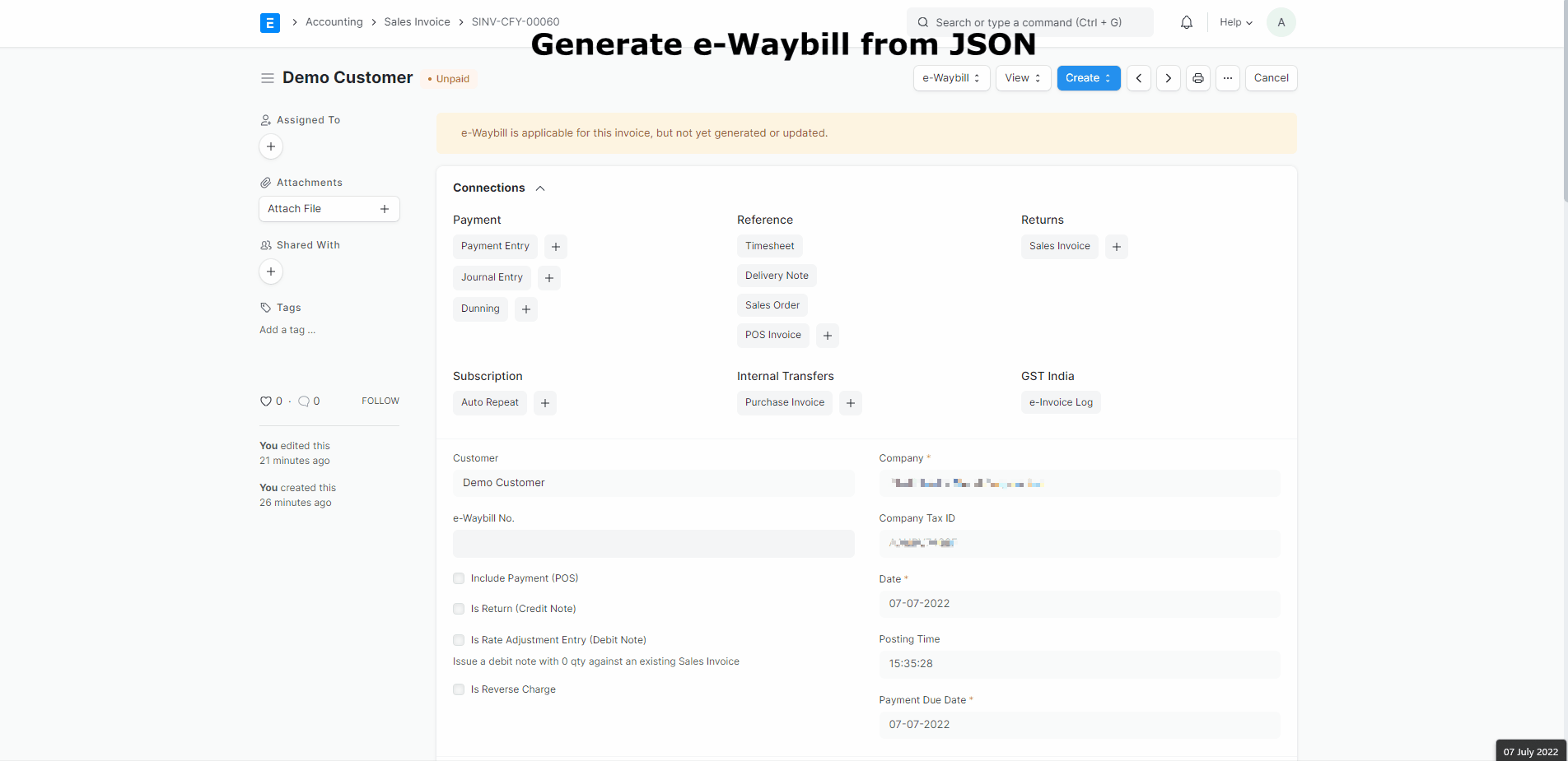 Generate e-Waybill from JSON