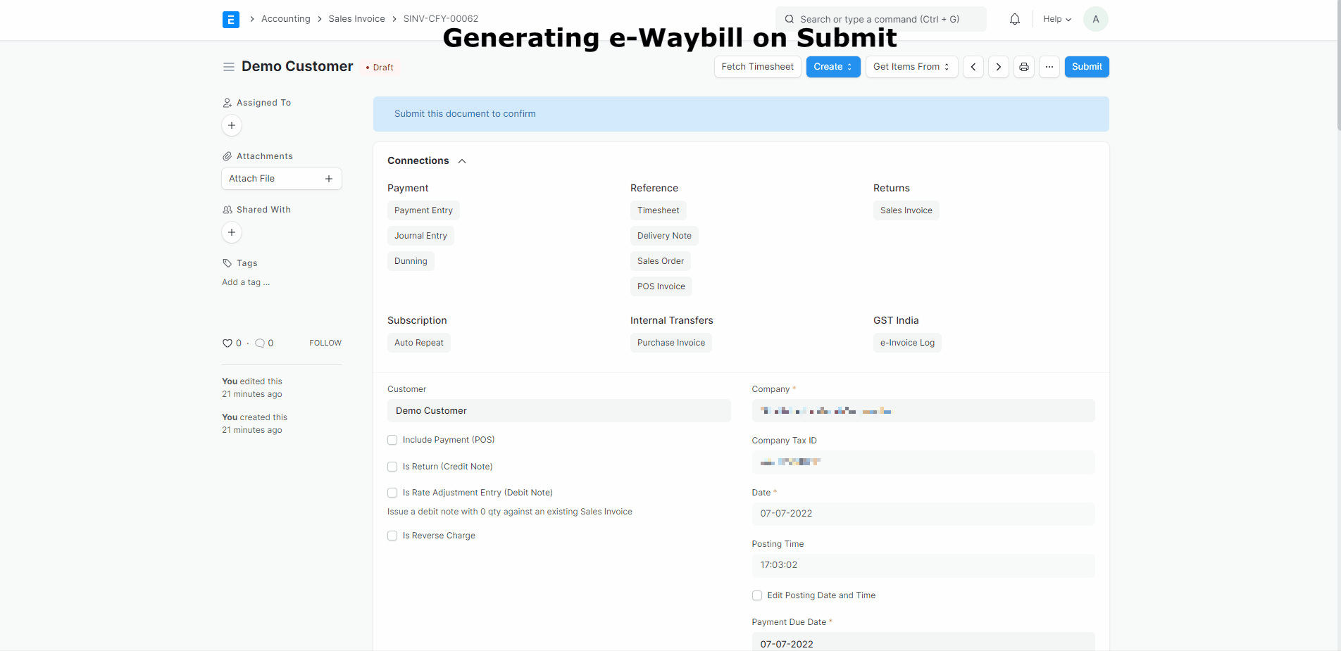 Generating e-Waybill on Submit