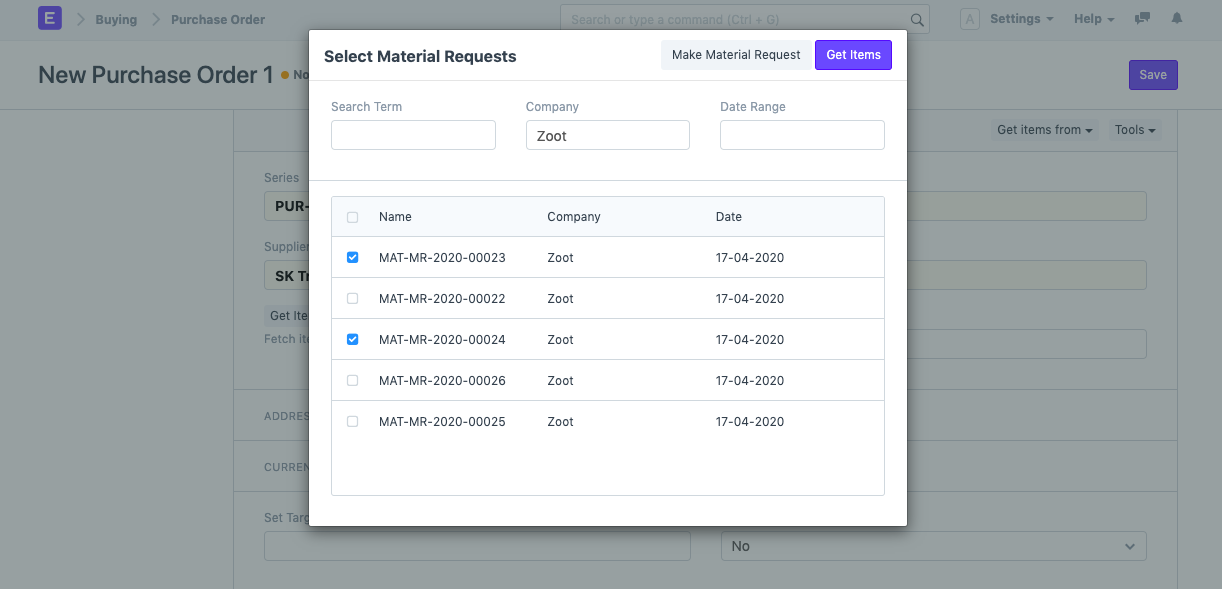 Get Items from Open Material Requests