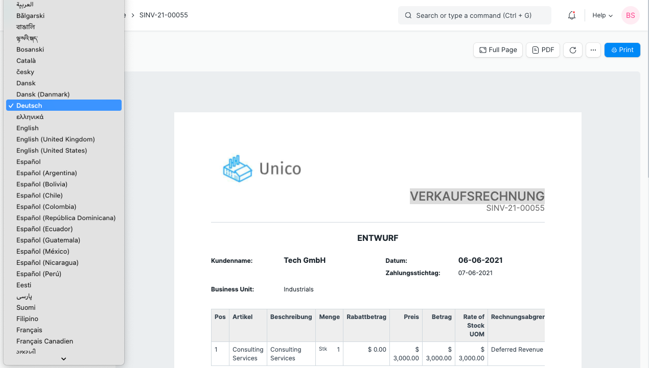 Select Language in Invoice